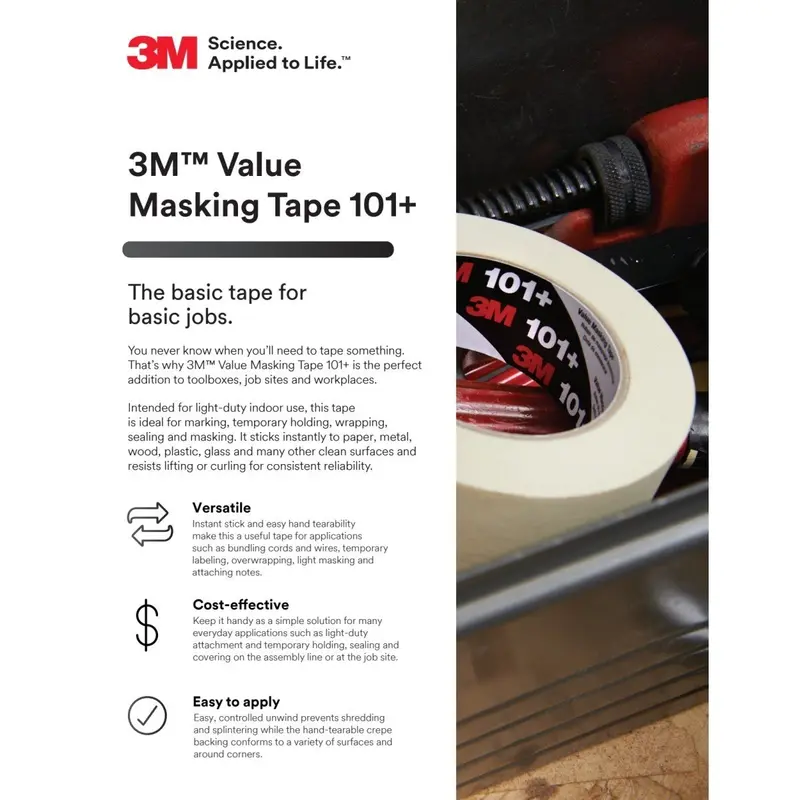 3M 101+ Value Masking Tape – Tan, 12 Mm × 55 M, 5.1 Mil Thickness (7100293673), 5184-Pack 1