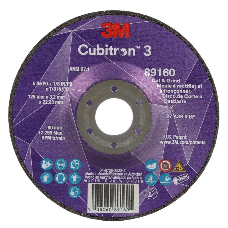 3M Cubitron Cut & Grind Wheel – 36+ Grit, Type T27, 5" × 1/8" × 7/8", Black, Ansi Rated (7100305151), 20-Pack 1