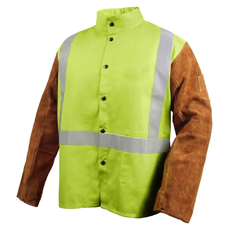 Black Stallion Hybrid Fr Welding Jacket – Cotton Body With Split Cowhide Sleeves, Lime Reflective Trim, Size 4Xl 1