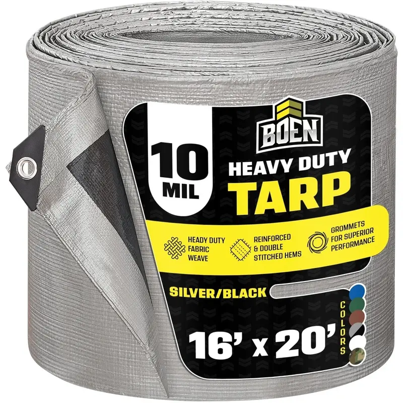 Boen Heavy-Duty Poly Tarp – 16' X 20', Silver-Black, 10 Mil, 14X14 Weave 1