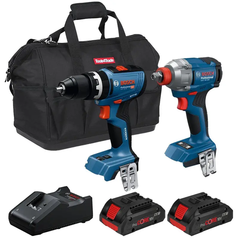 Bosch 18V Brushless Combi Drill And Impact Wrench Set – Dual 4.0Ah Batteries, Charger & Carry Bag (T4Tkit-28122) 1