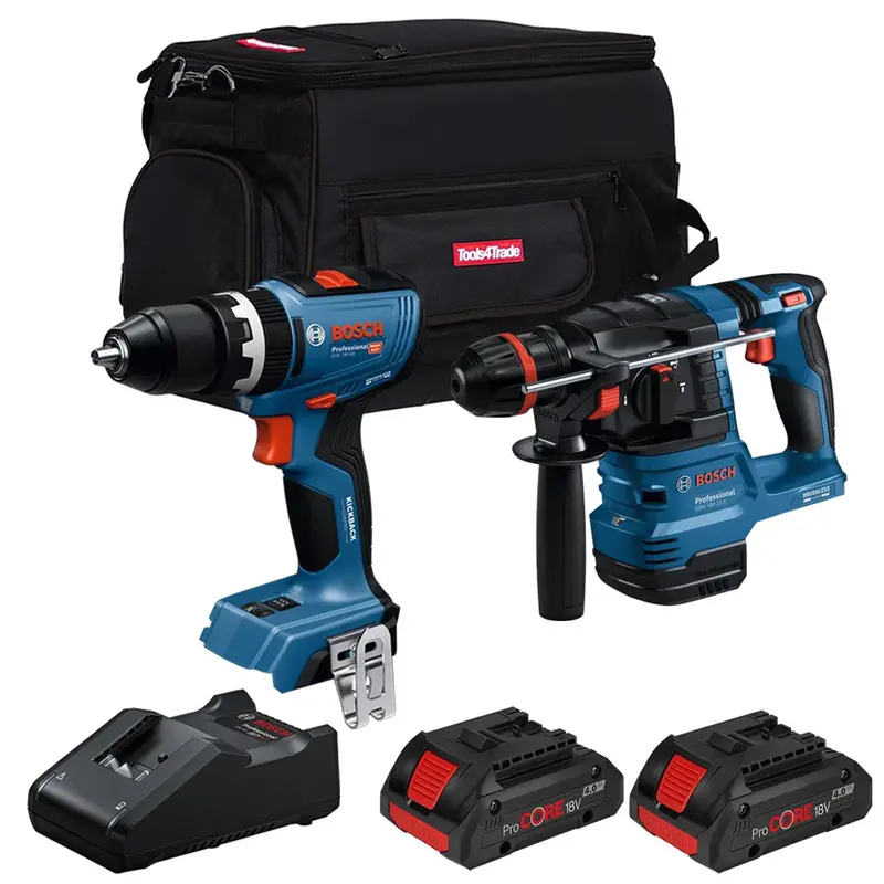 Bosch 18V Brushless Hammer Drill And Combi Drill Bundle – Dual 4.0Ah Batteries, Charger & Carry Bag (T4Tkit-28120) 1