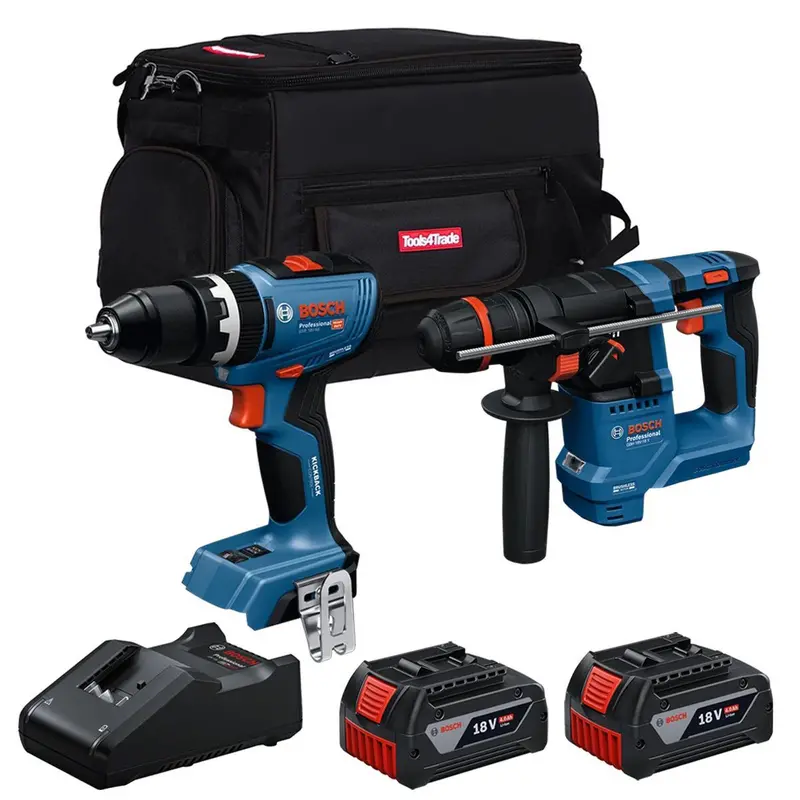 Bosch 18V Brushless Hammer Drill And Combi Drill Package – Dual 4.0Ah Batteries, Charger & Carry Bag (T4Tkit-28119) 1