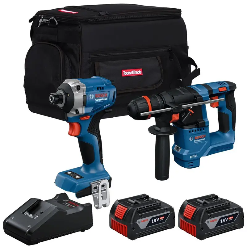 Bosch 18V Brushless Hammer Drill And Impact Driver Bundle – Dual 4.0Ah Batteries, Charger & Carry Bag (T4Tkit-28116) 1