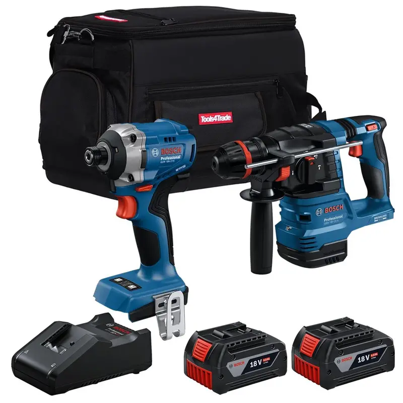 Bosch 18V Brushless Hammer Drill And Impact Driver Kit – Dual 4.0Ah Batteries, Charger & Carry Bag (T4Tkit-28117) 1