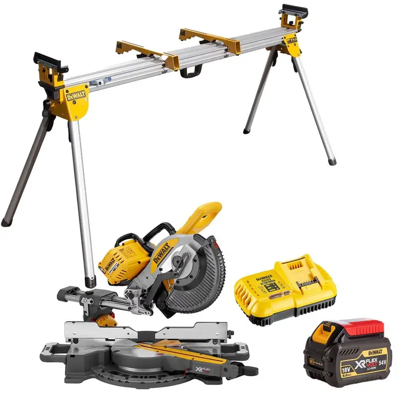 Dewalt Dcs727N 54V Xr Flexvolt Brushless Sliding Mitre Saw – 6.0Ah Battery, Charger & Universal Leg Stand Included 1