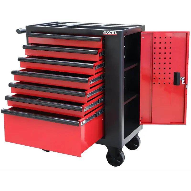 Excel 30" Rugged 7-Drawer Tool Cabinet With Expandable Side Compartment – Red/Black Design 1