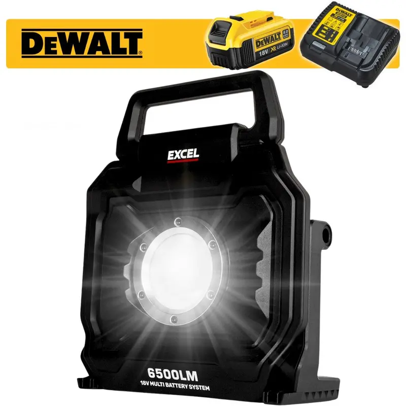 Excel Dual-Power Led Work Light (18V/240V): 6500 Lumens W/ Dewalt 4.0Ah Battery & Charger 1