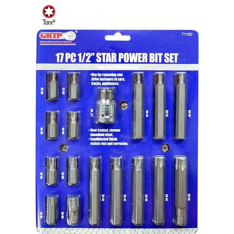 Grip 71160 17-Piece Torx Bit Set – T20–T60, 1/2" Drive, Long & Short Bits 1