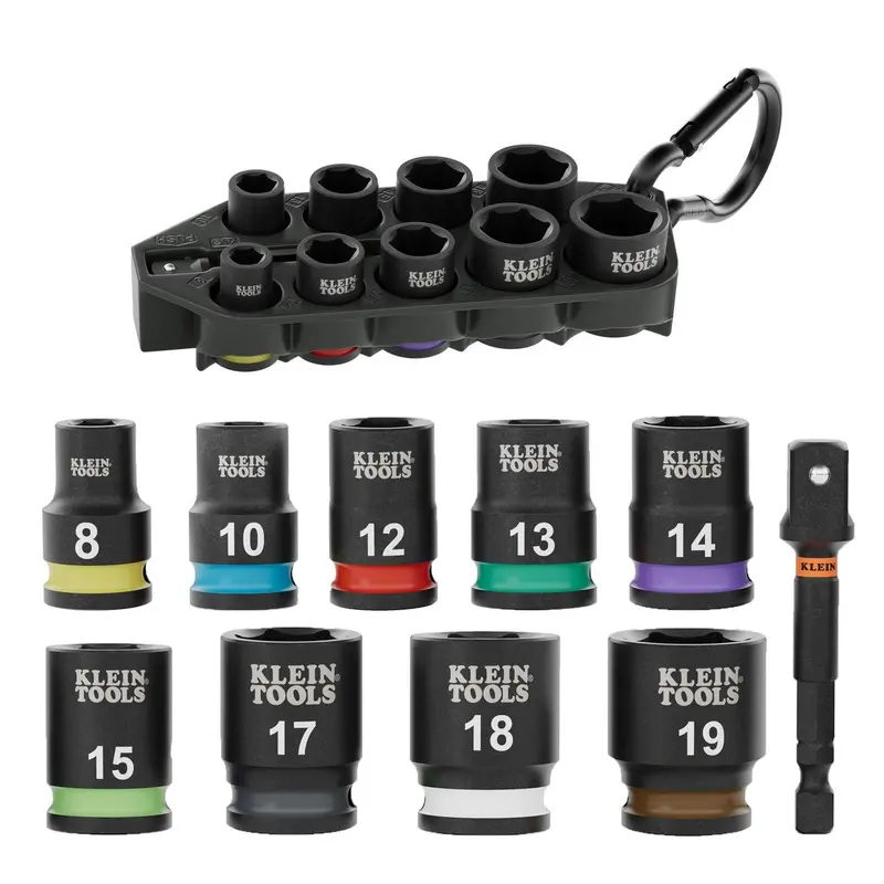 Klein Grab-And-Go Metric Impact Socket Set – 10-Piece 3/8" Drive Kit With Adapter & Carabiner 1