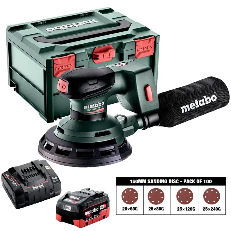 Metabo Sxa 18 Ltx 150 Bl 18V Brushless Random Orbital Sander (150Mm) – Kit With 100-Piece Grit Set (60G, 80G, 120G, 240G), 5.5Ah Battery, Charger & Case 1