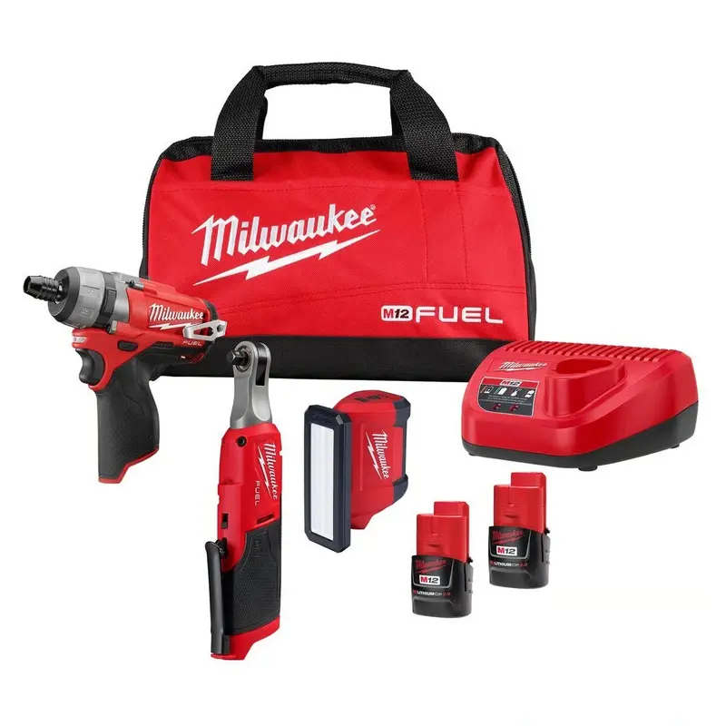 Milwaukee 2401-23B M12 Fuel Screwdriving Kit – 6-Piece Set: 1/4" Driver, 3/8" Ratchet, Flood Light & More 1