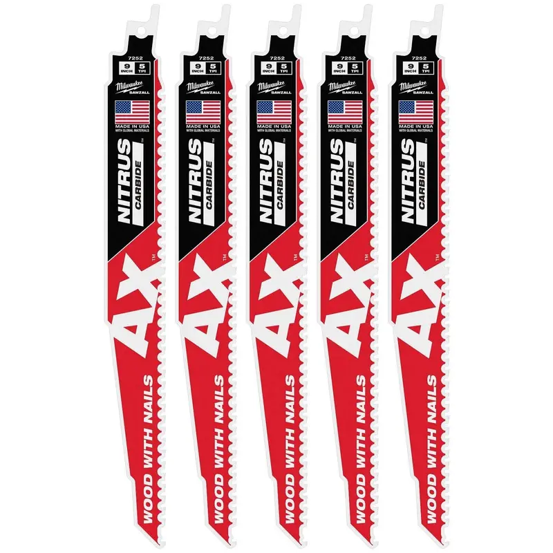 Milwaukee 48-00-7552 9" 5 Tpi Nitrus Carbide Sawzall Blade — Wood With Nails (5-Pack) 1