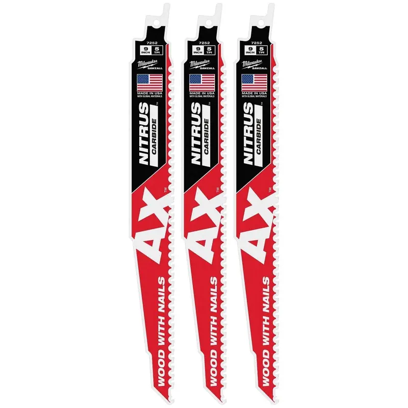 Milwaukee 9" Nitrus Carbide Reciprocating Saw Blade — 5 Tpi, Heavy-Duty Use On Nail-Loaded Wood (3-Pack) 1