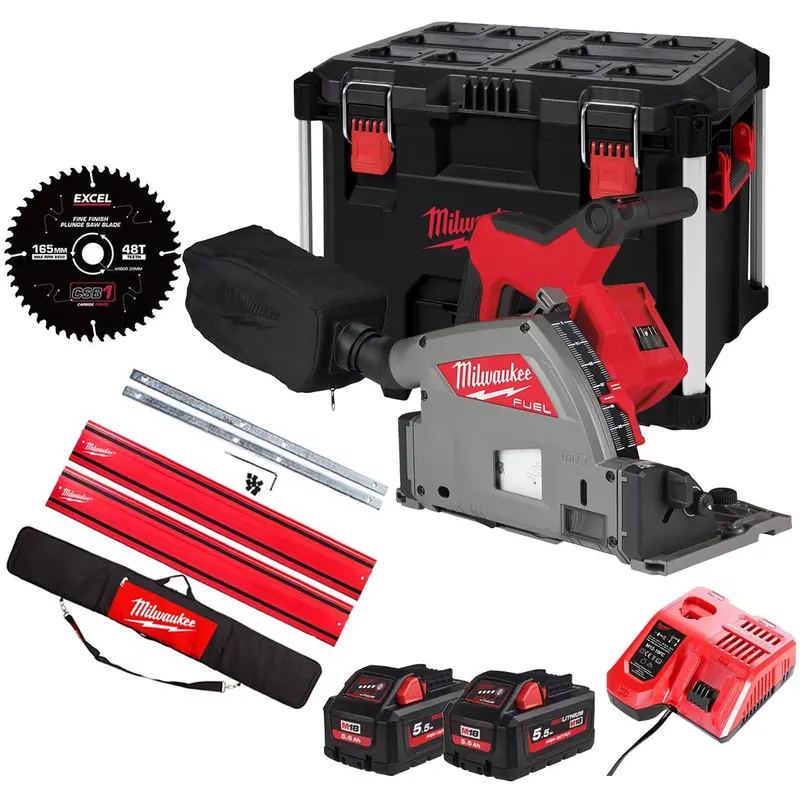 Milwaukee M18Fps55-552Peb 18V Fuel Brushless Plunge Saw (165Mm) – 2×5.5Ah Batteries, Blade & Guide Rail Kit 1