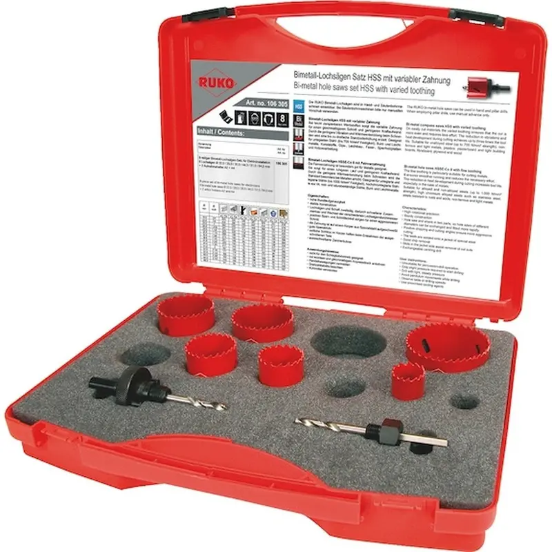 Ruko 106305 Bi-Metal Hole Saw Kit – Hss Blades (7/8"–2-1/2"), Includes Arbors A2 & A4, 8-Piece 1