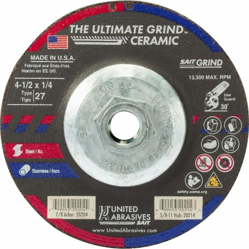 Sait 20214 Depressed Center Grinding Wheel – 4-1/2" X 1/4" X 5/8-11 Type 27 Ceramic Bond 1