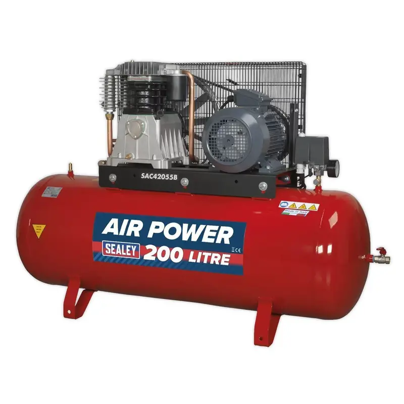 Sealey Sac42055B 200L Belt-Drive Air Compressor – Cast-Iron Cylinders, 415V/32A Industrial Motor 1
