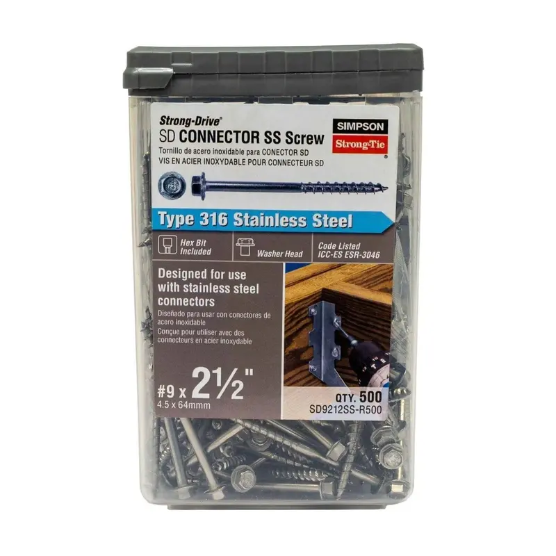 Simpson Strong-Tie Sd9212Ss-R500 #9 X 2-1/2" Strong-Drive Sd Connector Stainless Steel Screw – Type 316, 1/4" Hex Head, 500-Pack 1