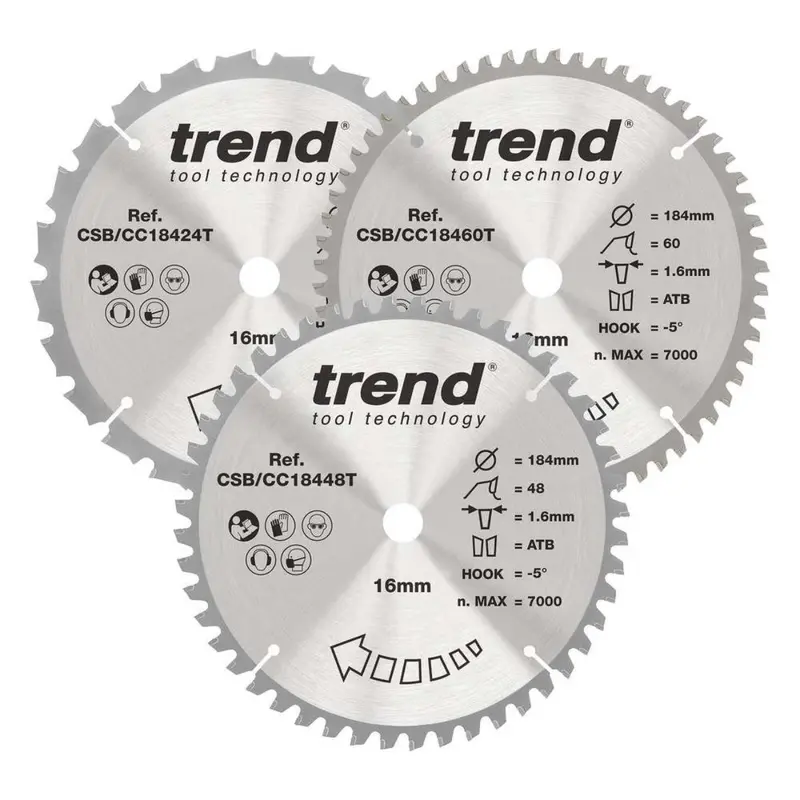 Trend Csb/Cc184/3Pk Craftpro Triple Mitre Saw Blade Pack — 184Mm, 16Mm Arbor, 24/48/60T For Versatile Cutting 1